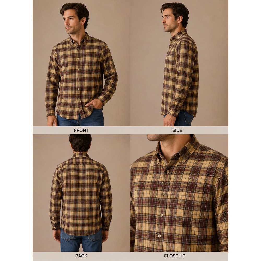 LL Bean Mens Large Tall Plaid Button Down Shirt Long Sleeve Cotton Burgundy Tan